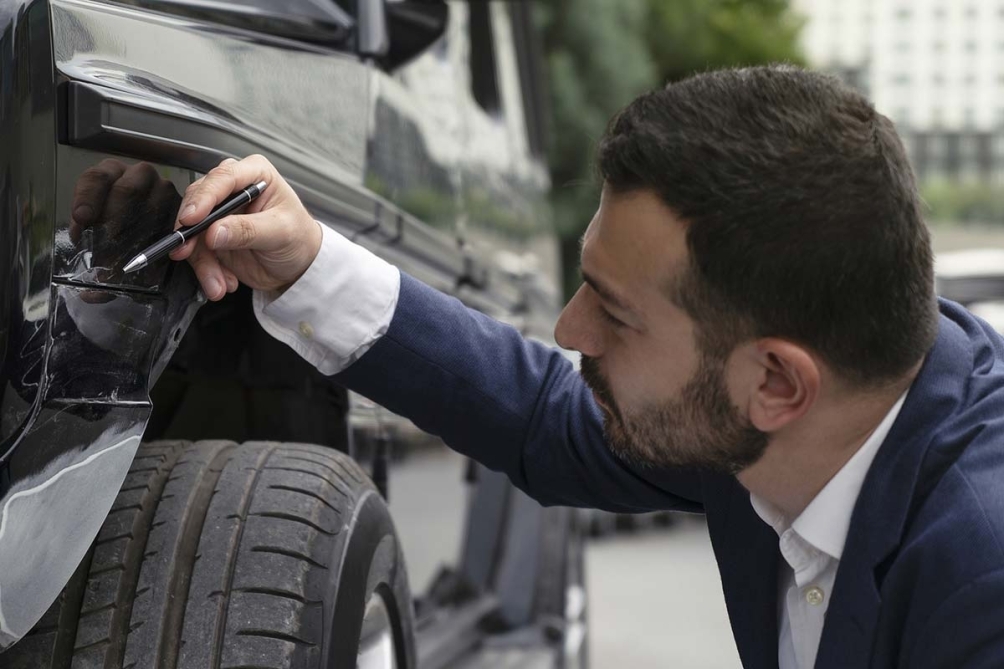 Insurance agent inspecting damage on a car after an accident, documenting the vehicle for an insurance claim.